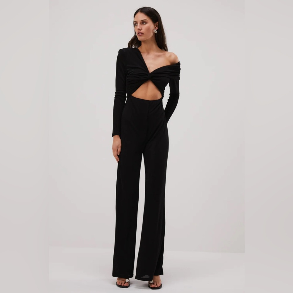 NWT MISHA COLLECTION Black Cut Out Off the Shoulder Straight Leg Jumpsuit Size X